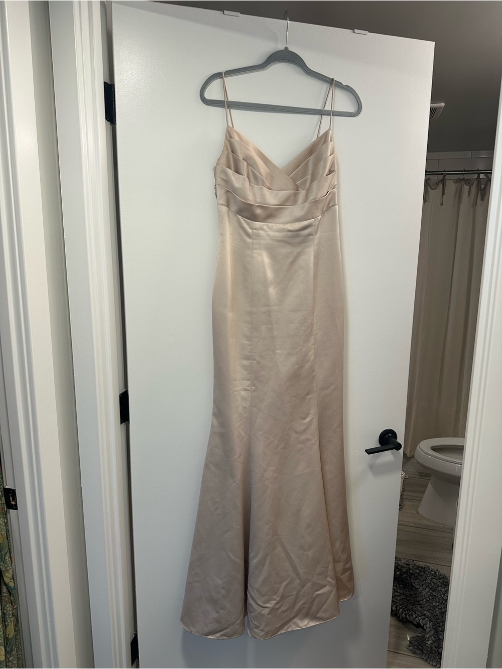 David's Bridal Satin Spaghetti Strap Dress in Champagne Blush